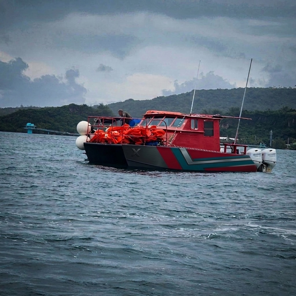 Aluminum workboat hauling cargo in a Guam harbor